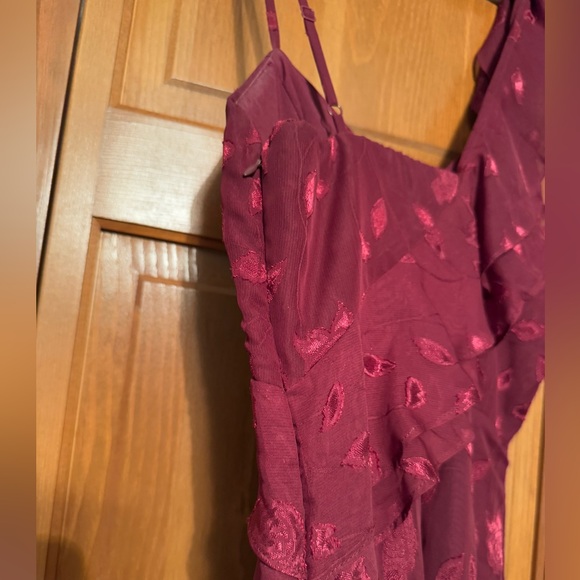 Lulus Burgundy Floral Jacquard Ruffled Maxi Dress - Picture 6 of 6